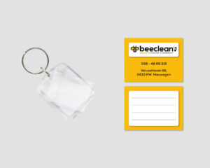 Beeclean adres sleutelhangers ontwerp bij Plakdame Rotterdam